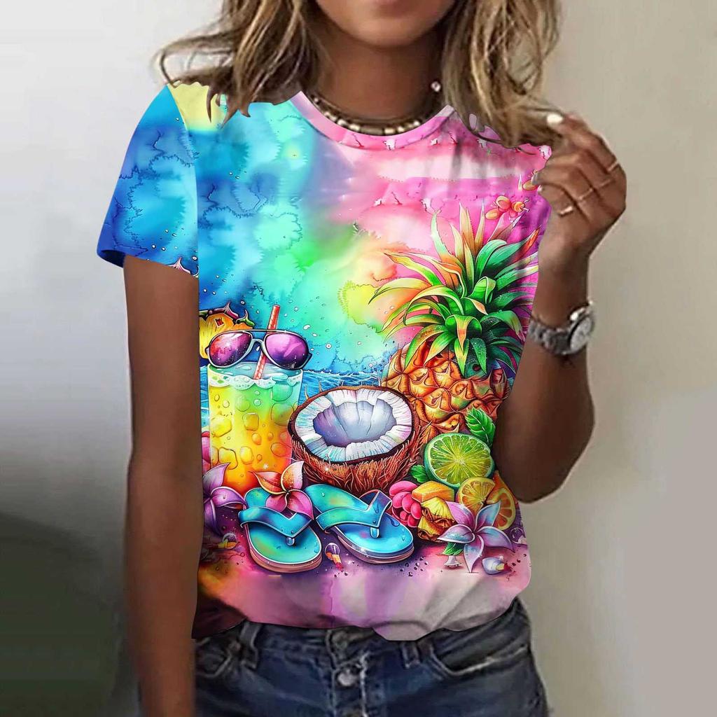 Summer Fruit Coconut Tree Gradient 3D Print Beach T-Shirts Short Sleeve O-Neck Women's T-shirts