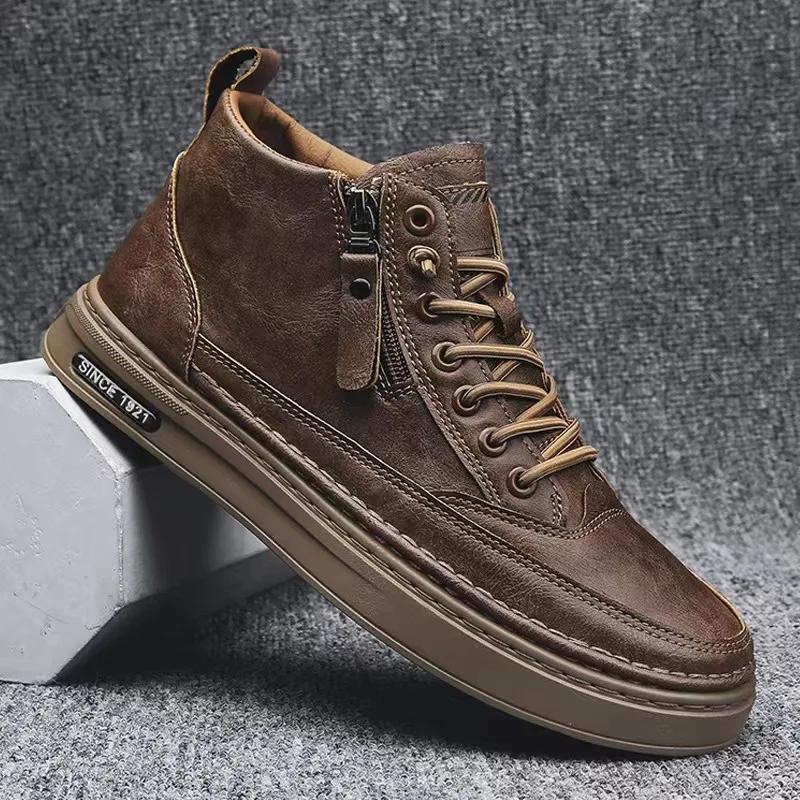 Fashion Mens Boots Winter Fashion High Top Leather Shoes Brown Black Ankle Boots Short Plush Lace-up Cotton Shoes Male Sneakers New