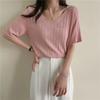 V-neck Tops Summer Short Sleeve T-shirt Loose Pit Striped Sweater Women's Casual Bottoming Shirt Aesthetic Simple Tee Y2k Top