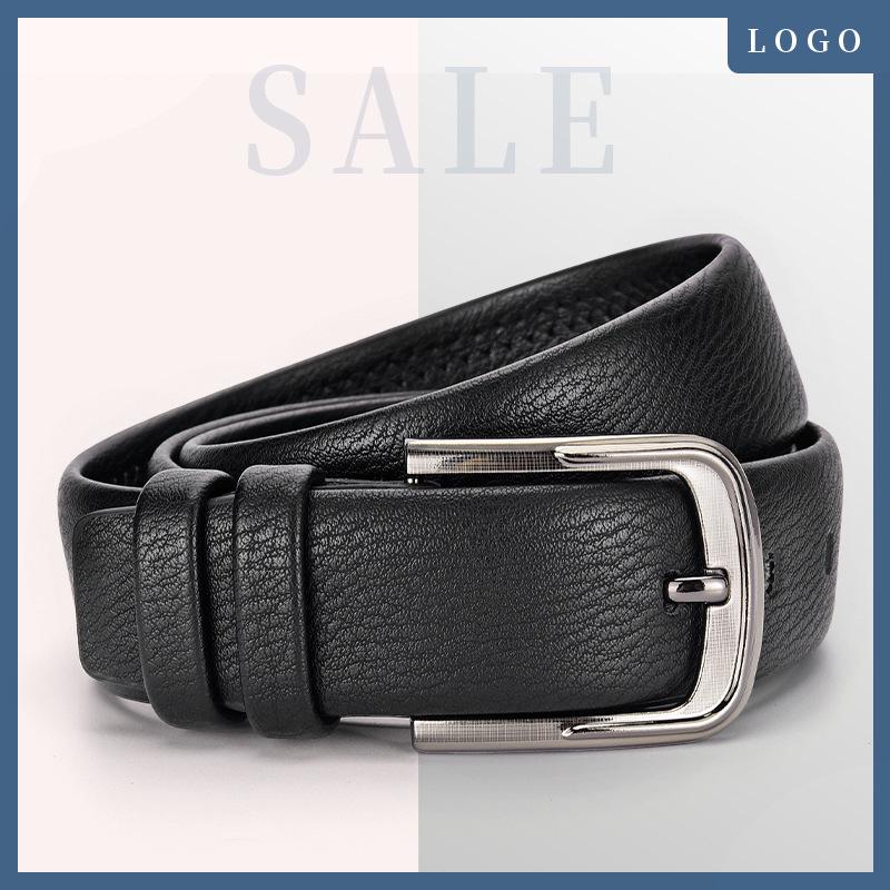Men's Genuine Leather Pin Buckle Belt, Lychee Pattern, 3.8cm Wide, Fashionable and Versatile for Jeans