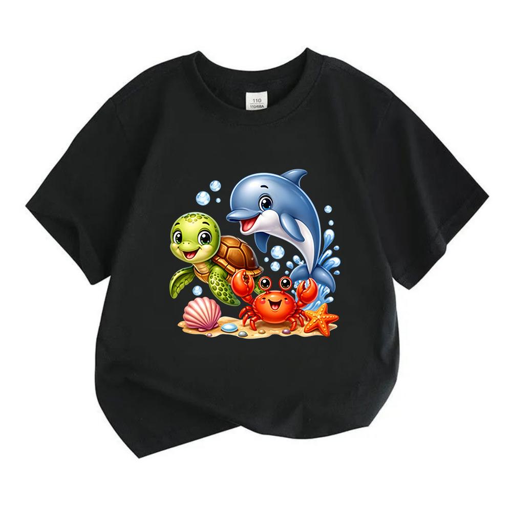 Kids Boys Girls 100% Cotton Crew Neck Short Sleeve T-Shirt, Cute Sea Animal Cartoon Turtle Dolphin Crab Print Casual Summer Tees for Children