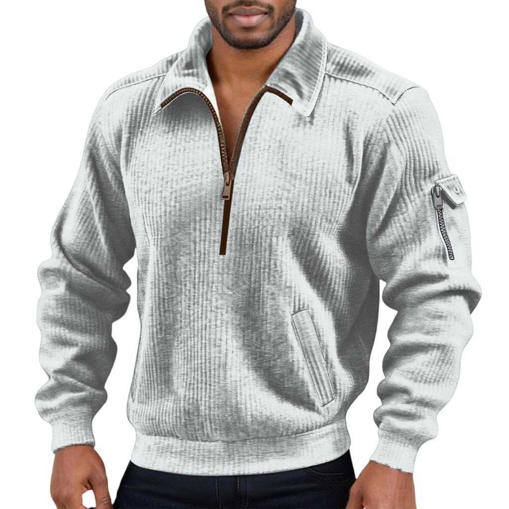 Men's Color Corduroy Zipper Neck Long Sleeve Top Men's Casual Lapel Top