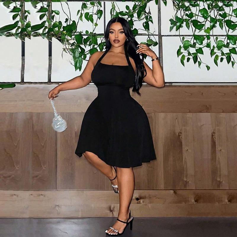 Plus Size Women Square Neck Halter High Waist A Line Slimming Solid Mini Dress