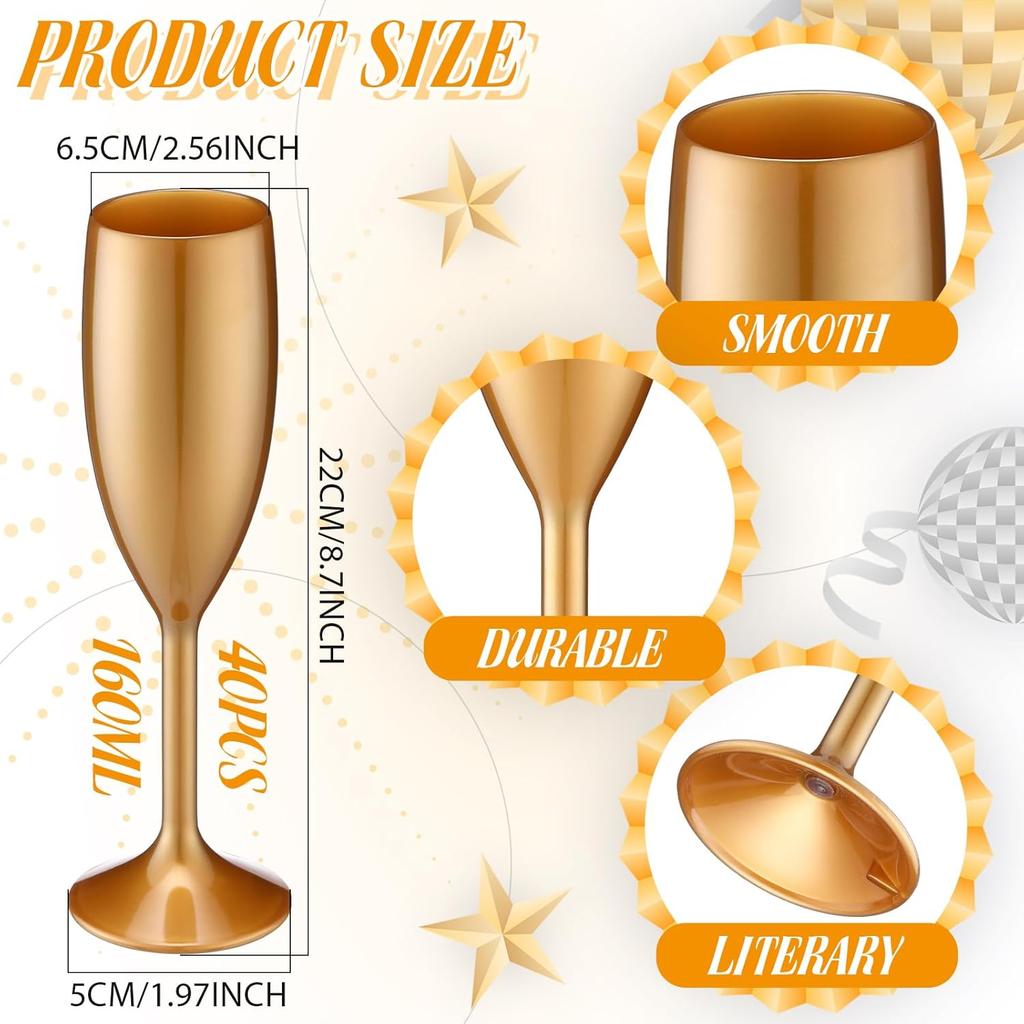 40 Pcs Gold Acrylic Champagne Flutes 6 oz Unbreakable High Stem Cups for Wedding Birthday Party