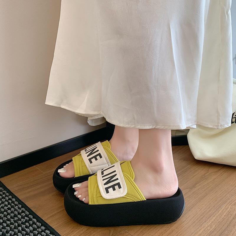

Korean version of letter Velcro slippers women s summer 2025 high value thick-soled casual one-word sandals outer slippers women s shoes 40 жёлтый