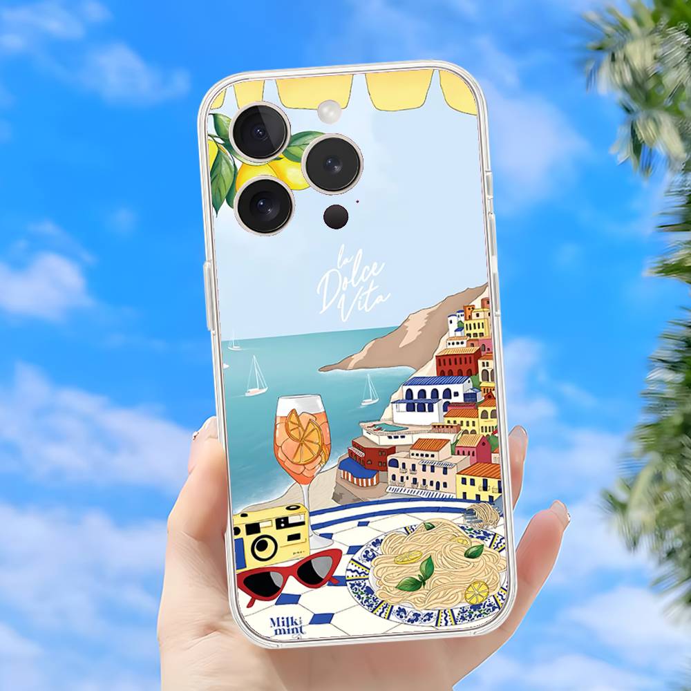 Seaside Scenery Wine Lemon Phone Case For iPhone 17 16 15 11 12 14 13 Pro Max Mini X XS XR 7 Plus 17E Shockproof Cover Fundas