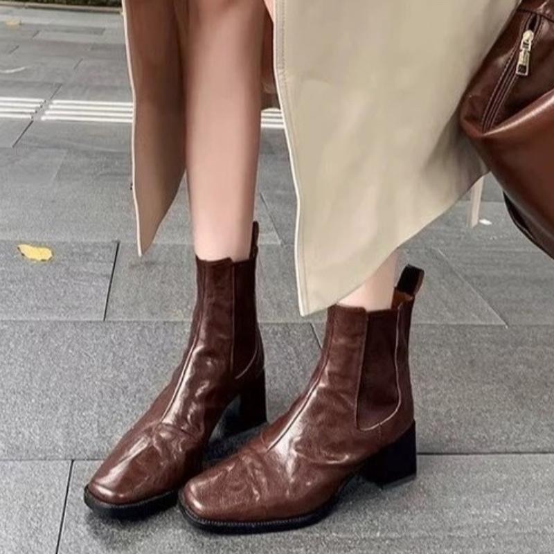 

2025 NEW Women s New Autumn/Winter Square Headed Genuine Leather Sheepskin Elastic High Heels Large Calf Short Boots 39 коричневый