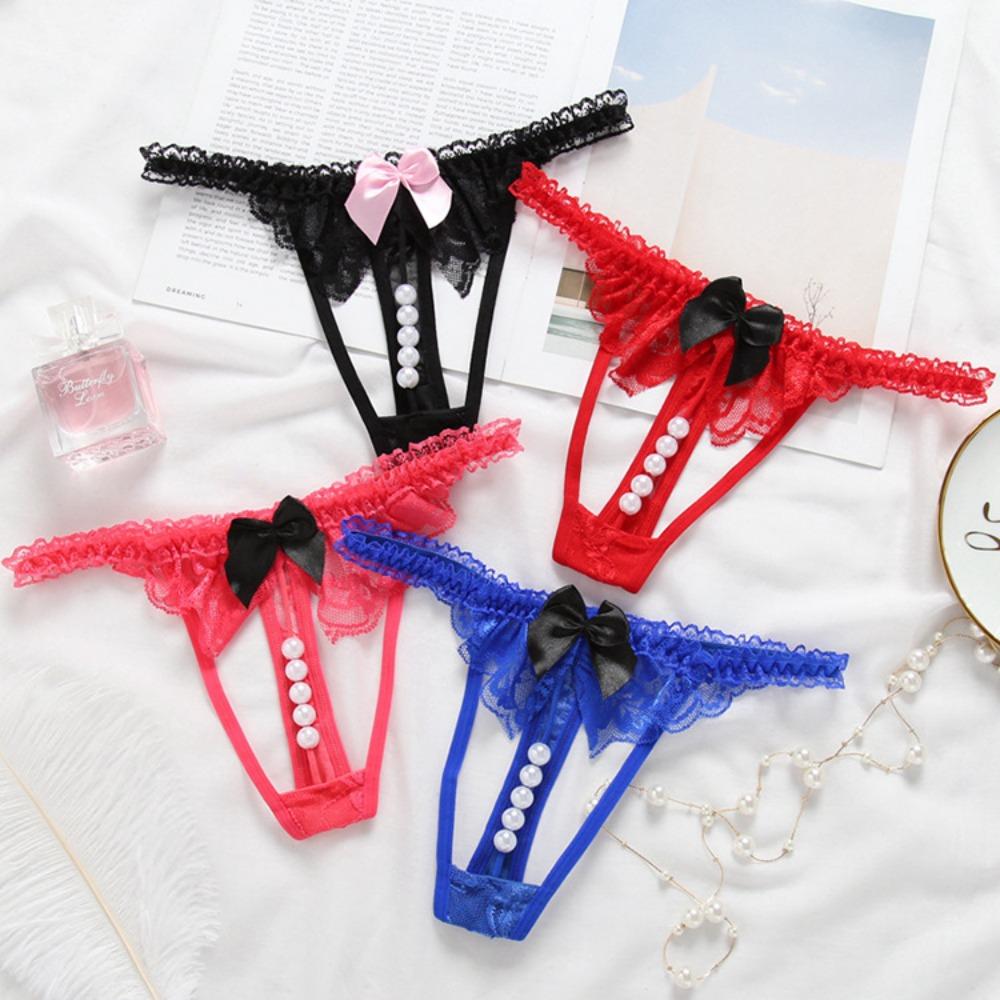 Japanese Cute Pure Desire Panties Women Pearl Open Crotch Hollow Internet Celebrity Thong Transparent Low Waist Thin Lace T-pants