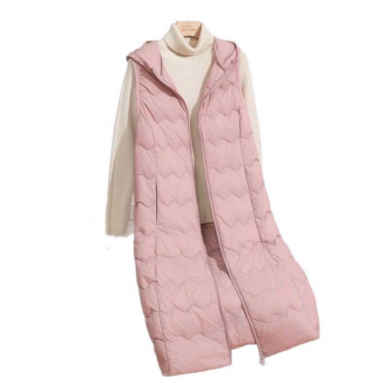 2025 Automne/Hiver Grande Taille Léger Long Au-Dessus du Genou Veste Sans Manches à Capuche en Duvet de Canard Blanc avec Motif Ondulé