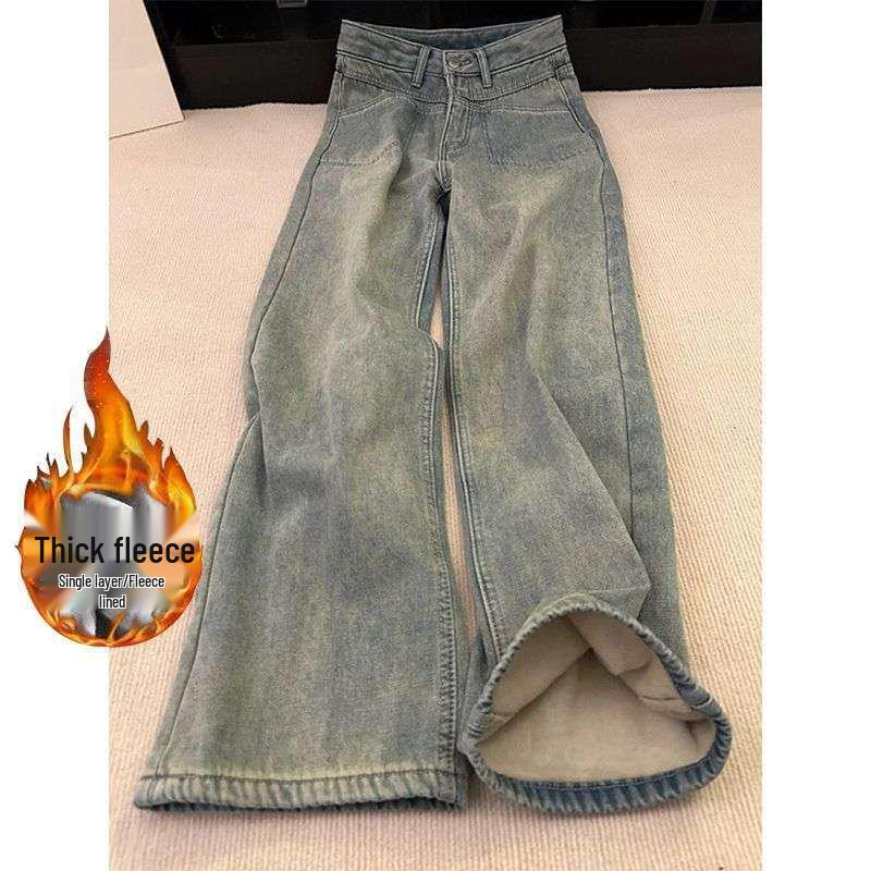 

Autumn/Winter Retro Plus Velvet Wide Leg High Waist Jeans for Women 4XL