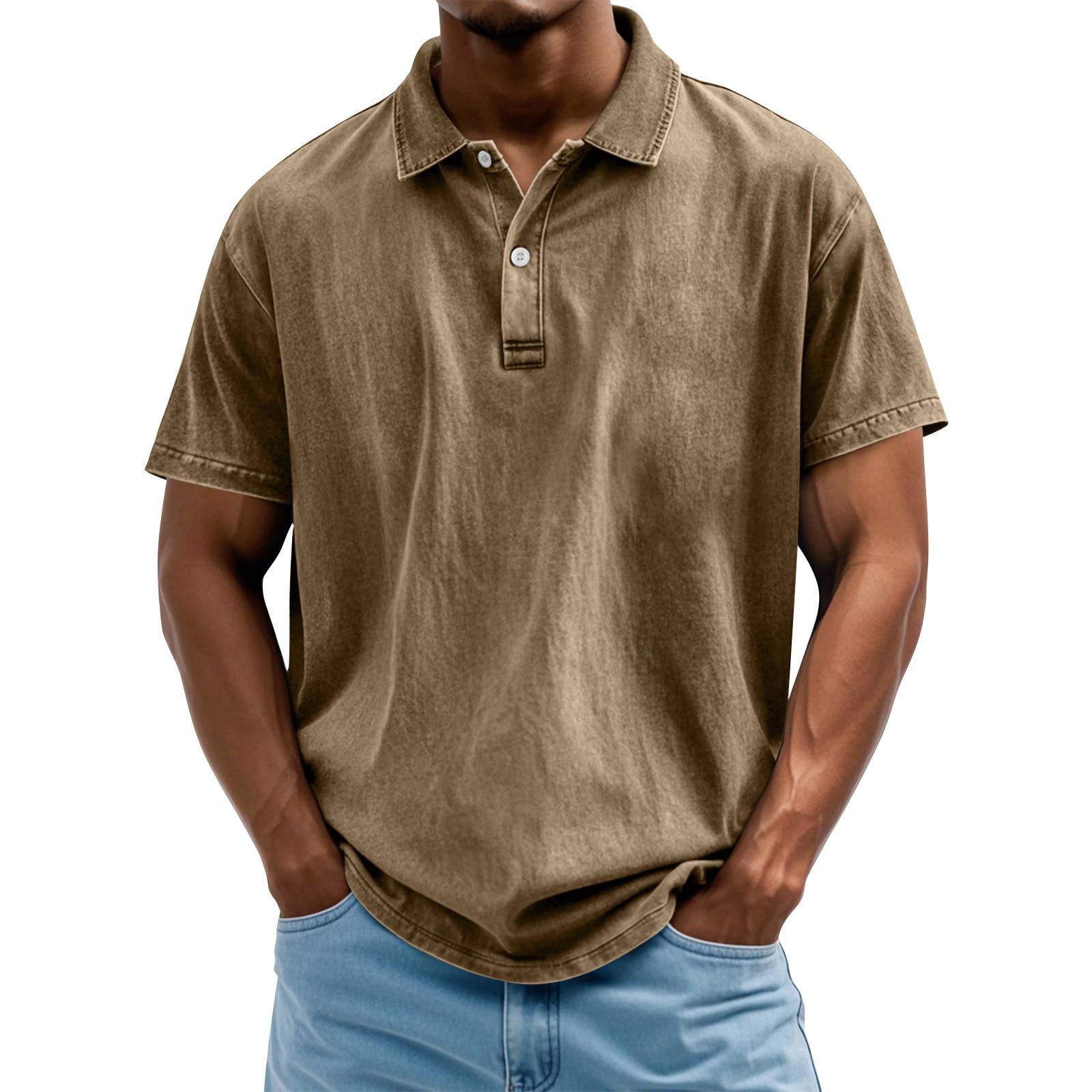 

Мужской летний однотонный топ с лацканами на пуговицах, свободный, с коротким рукавом L хаки