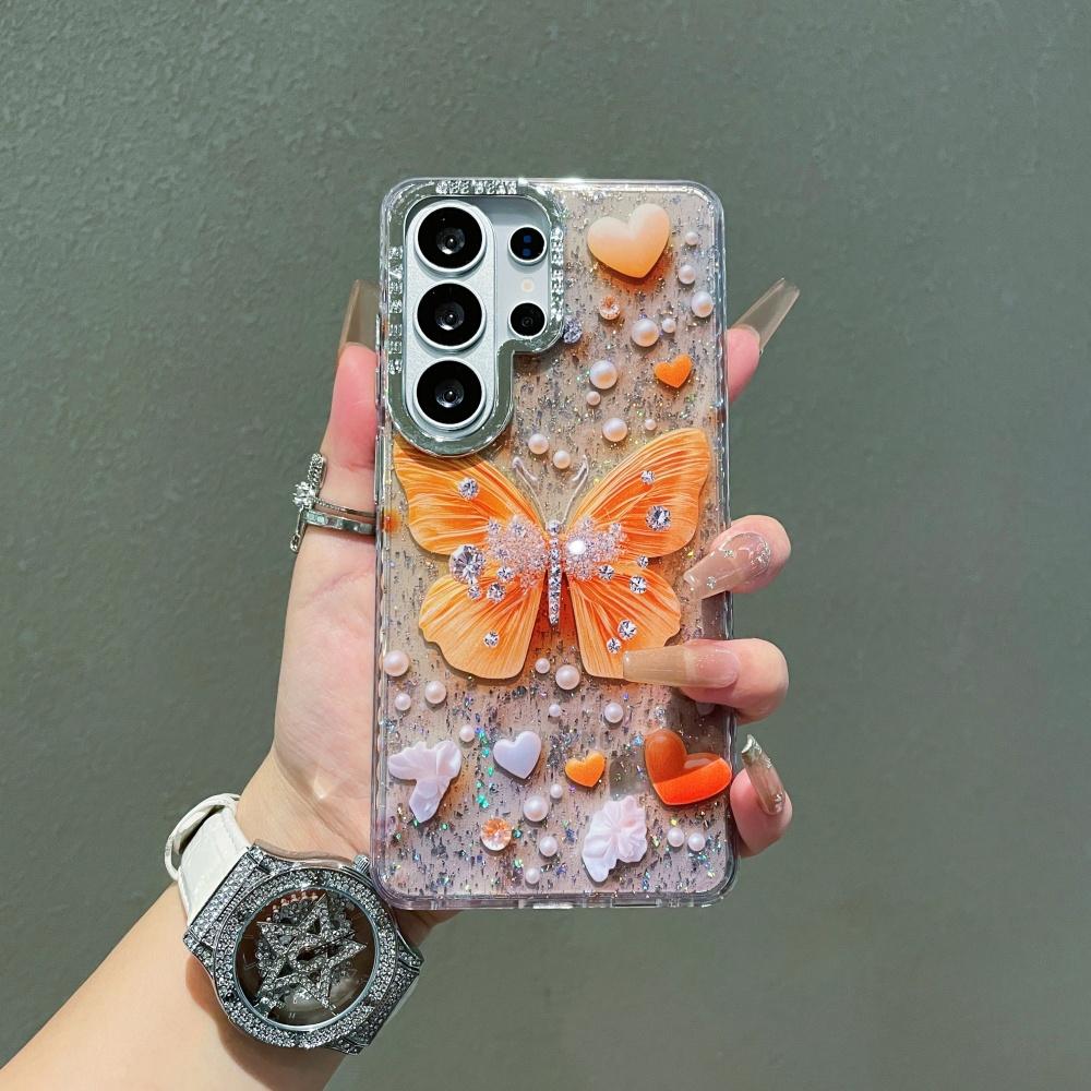 S26 Ultra  Glitter Butterfly Love Phone Case For Samsung Galaxy S26 S2 S24 Plus S23 Ultra Hard PC Bing Cover Shell