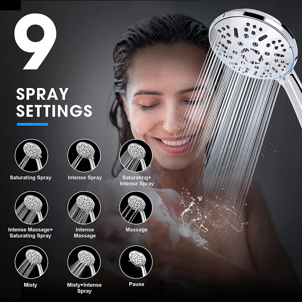 9 Spray High Pressure Handheld Showerhead Set Ionic Shower Head with Hose and Bracket Modern Chrome Bathroom