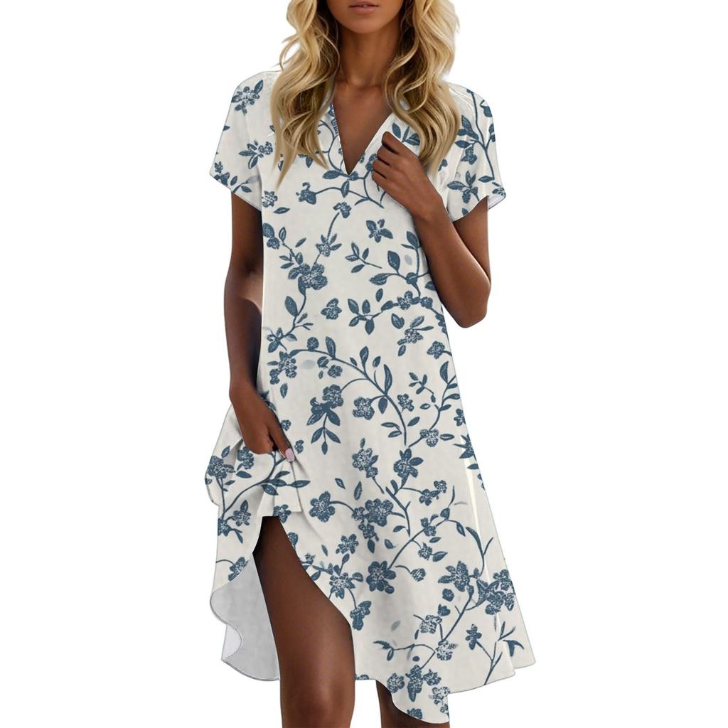 Women's Casual Fashion Stand Collar Floral Print Short Sleeve Dress