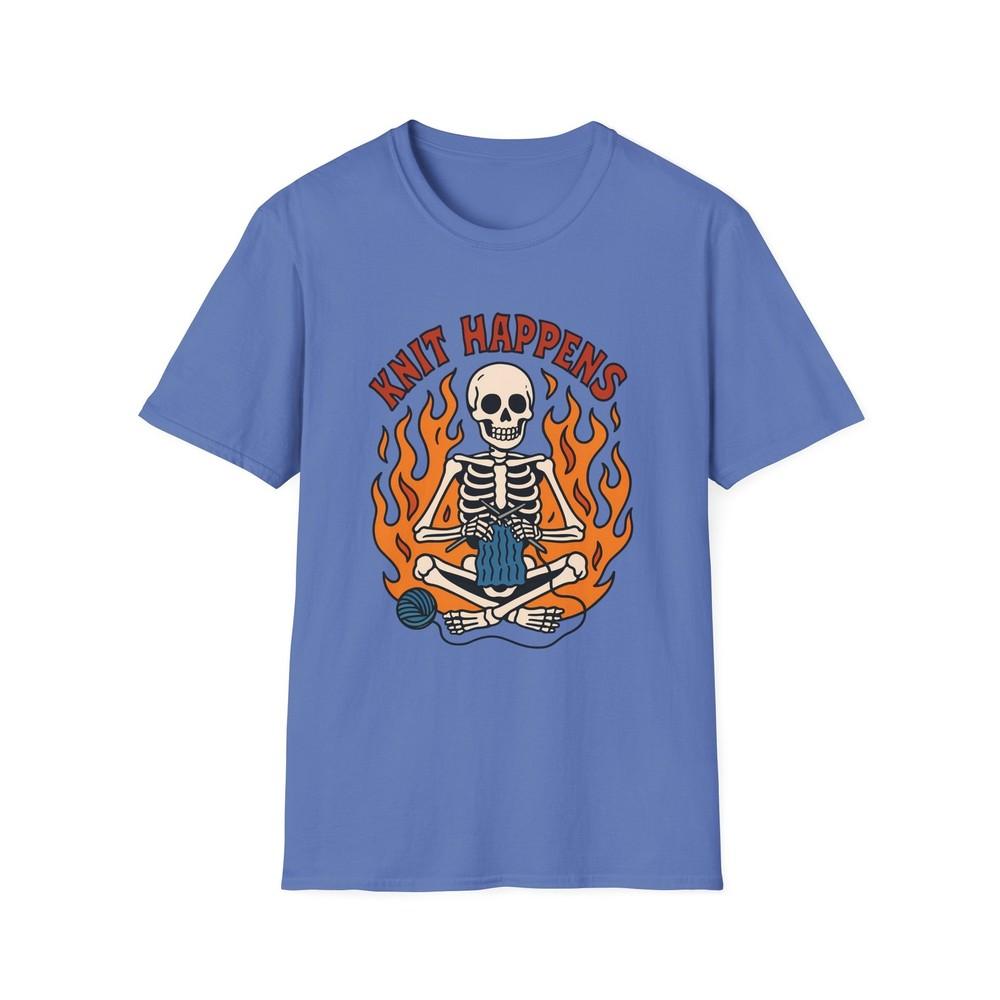 

Unisex Softstyle T-Shirt Serene Skeleton Knitting Blue Scarf Flame Art Funny S