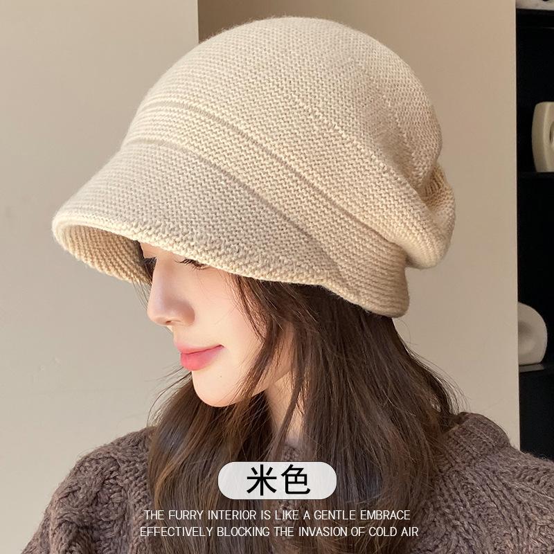 

Knitted hat versatile thickened ear protectors stacked hat loose big head circumference shows small face hat autumn and winter women keep warm one size fits all
