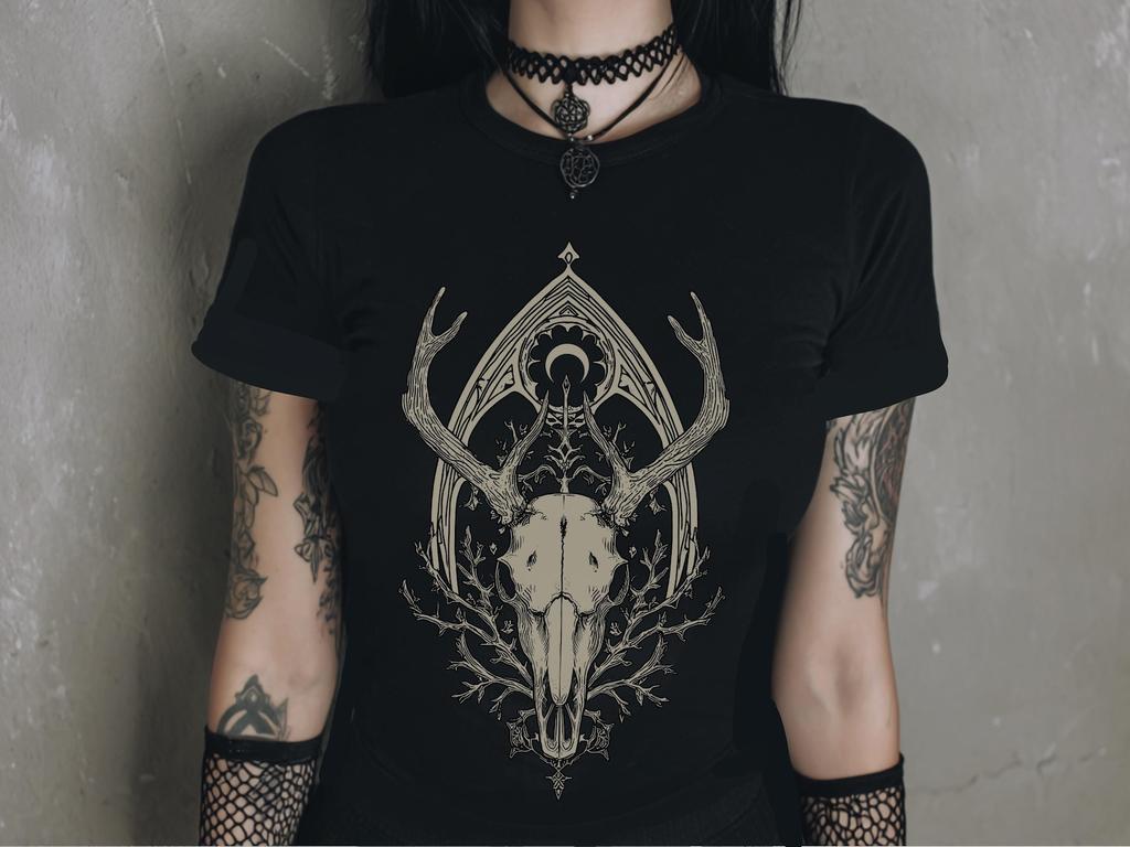Deer Skull Fitted Pastel Goth Graphic T-Shirt, Witchy Whimsigoth Shirt, Fairy Grunge Gothic Clothes, Dark Cottagecore Top, Goth Gift For Her