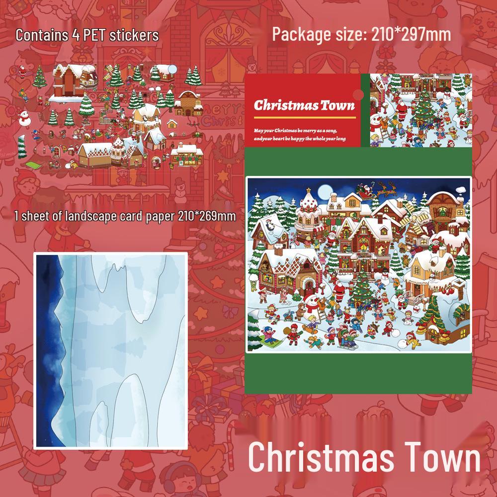 4 Large PET Christmas Town Scenery Stickers for DIY Festival Décor