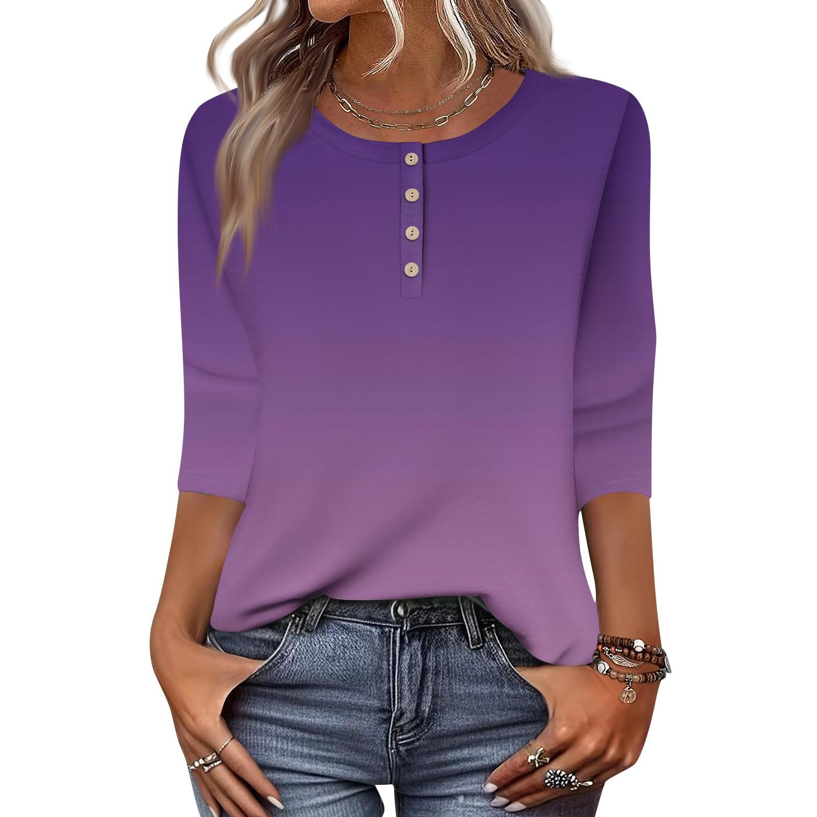 

Жіночі топи з рукавами 3/4, квіткові сорочки, сорочка на половину ґудзиків, літня блузка з круглим вирізом L фіолетовий