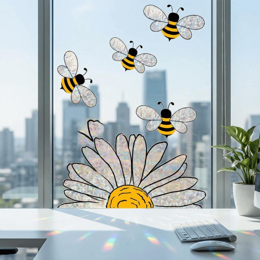 Removable Bee Glass Sticker Waterproof Sunflower Wall Decals Art Bee Window Stickers  Living Room