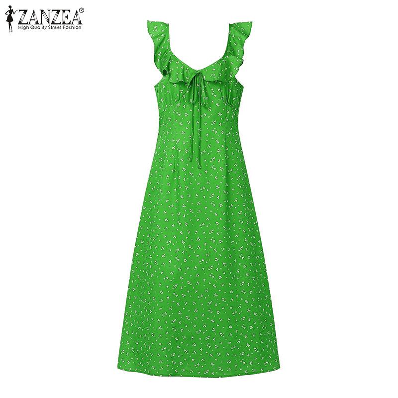 

VONDA Женское платье миди А-силуэта без рукавов с оборками и цветочным принтом для повседневной вечеринки XL зелёный