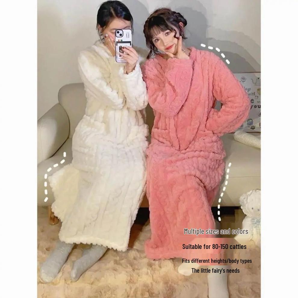 Women's Winter Coral Fleece Jacquard Long Robe Pajamas with Pockets