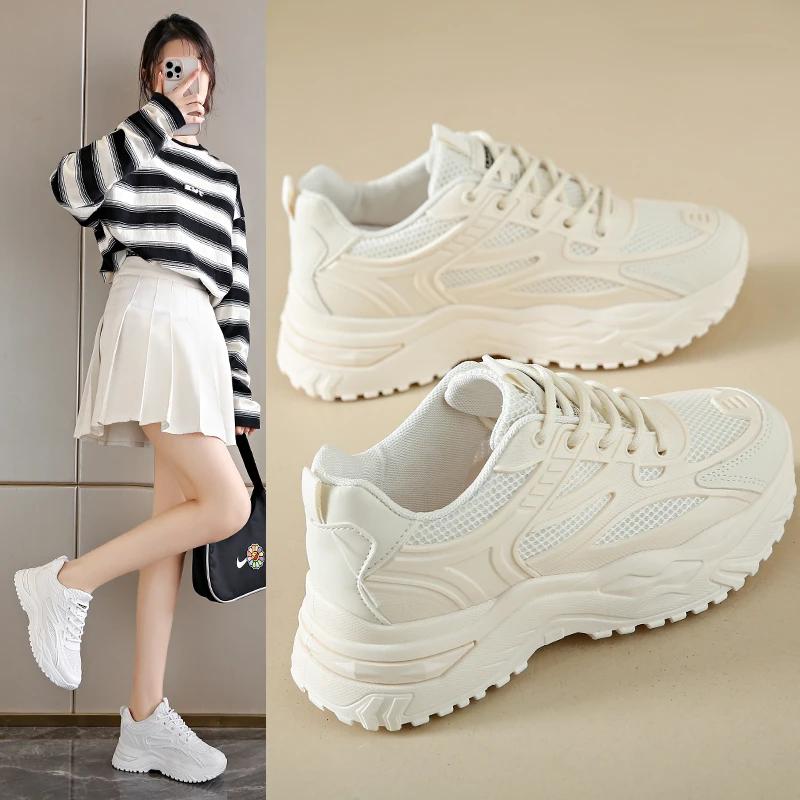 Fashion White Sneakers Women 2025 New Leather Chunky Sneakers Women's Sports Shoes Thick Tennis Vulcanized Shoes Basket Platform Shoes