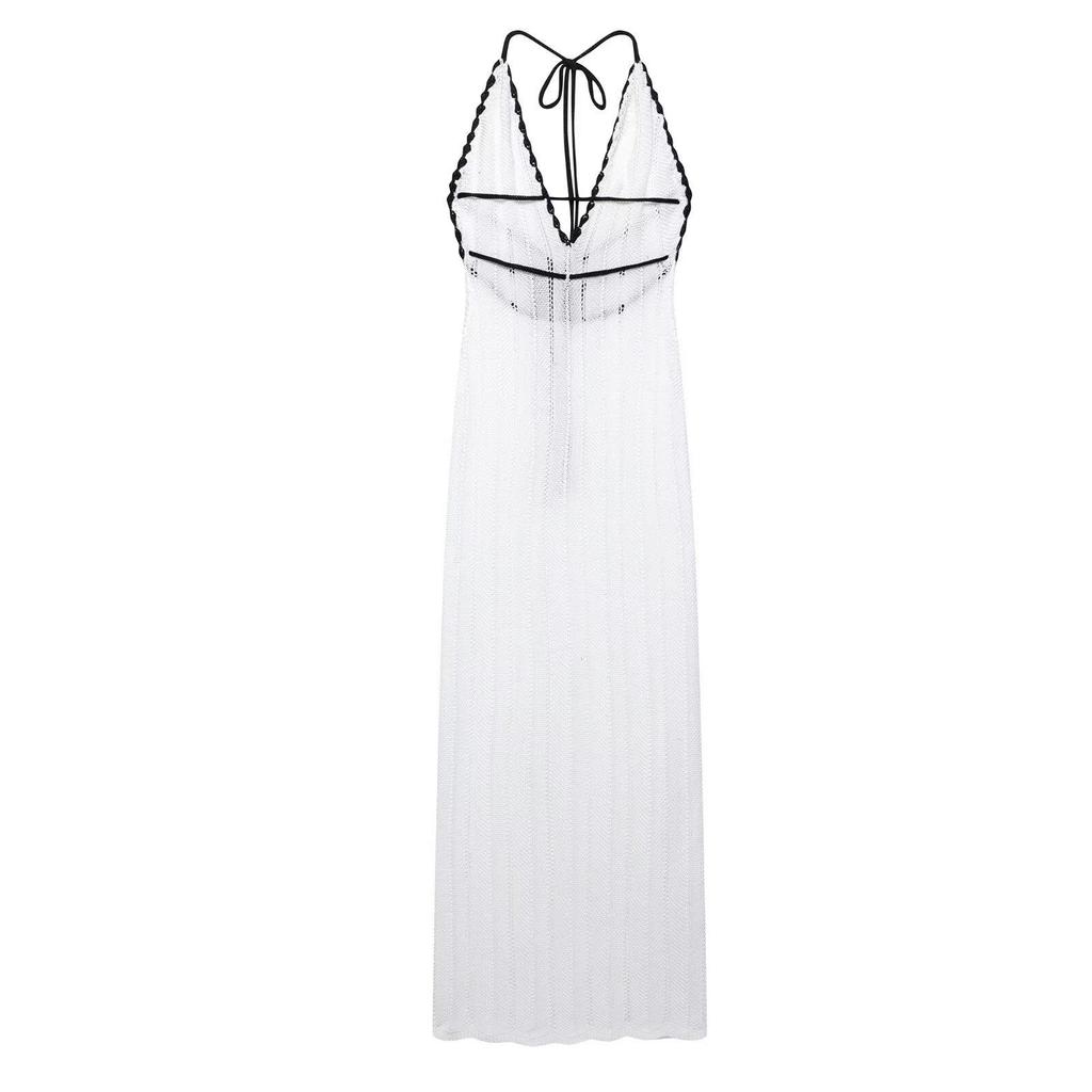 Rochie de primăvară 2025 pentru femei, stil european și american, bloc de culoare, decolteu adânc în V, fără spate, cu șireturi, semi-transparentă