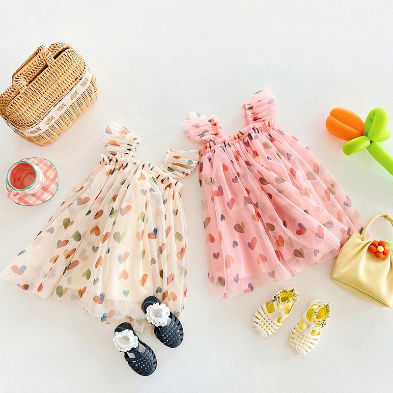 Heart Print Mesh Princess Dress - 2025 Kids' Summer Tutu