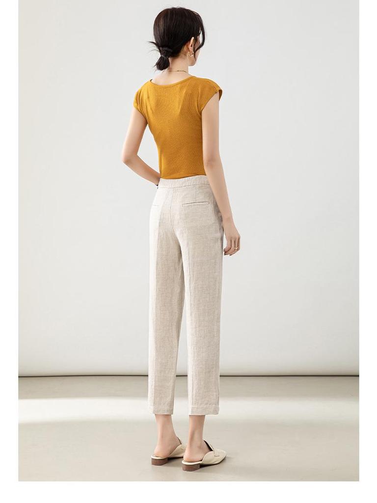 Women's High-Waist Cotton Linen Cigarette Pants - Summer 2025, Petite Eight-Point Casual, Straight Leg