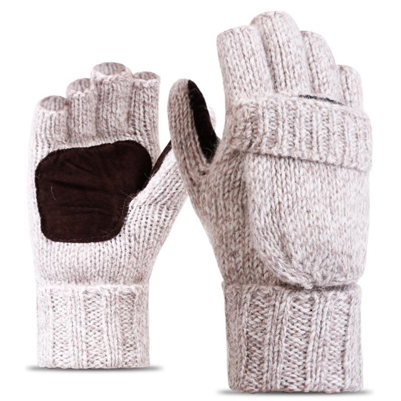 

Теплые Зимние Мужские Варежки с Откидным Верхом, Без Пальцев, Конвертируемые, Вязаные, Искусственные Варежки, Шерсть Beige