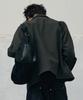 Leathery Buckled Cotton Crossbody Tote Bag [Black]