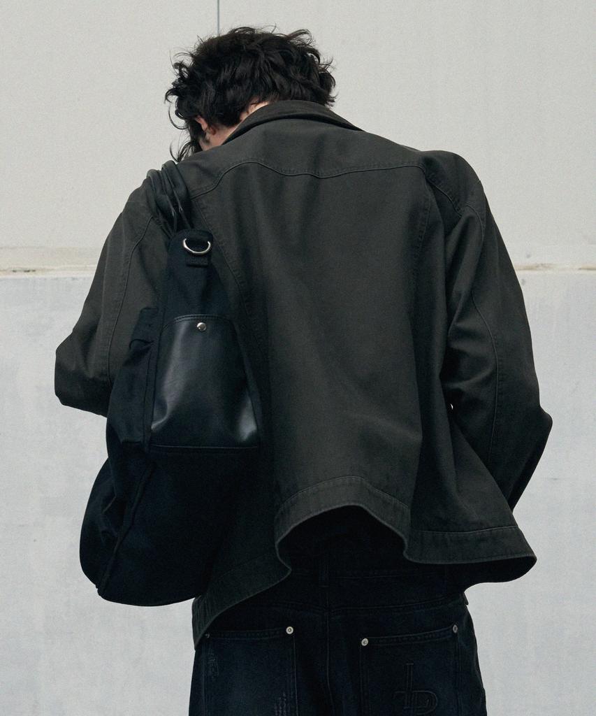 Leathery Buckled Cotton Crossbody Tote Bag [Black]