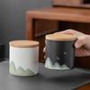 Hand-painted Black Ceramic Tea Caddy with Distant Mountain Design - Small, Simple, Sealed for Freshness