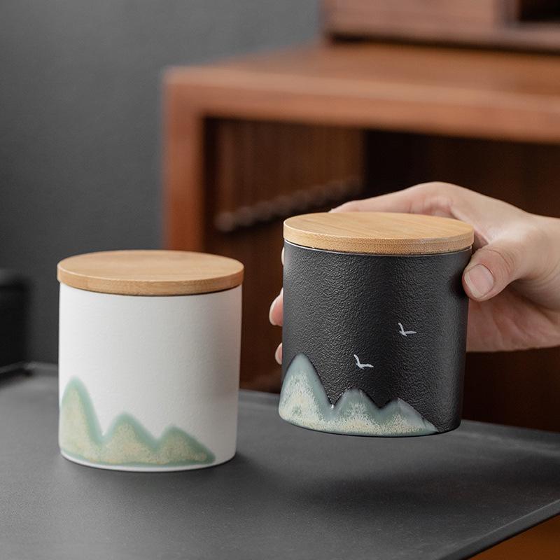 Hand-painted Black Ceramic Tea Caddy with Distant Mountain Design - Small, Simple, Sealed for Freshness