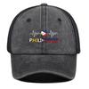 Heart Waves Philippine Flag Print Adjustable Mesh Cap, Patriotic Flat Cap Stylish Vintage-Inspired Polyester Slouchy Snapback Sun Hat