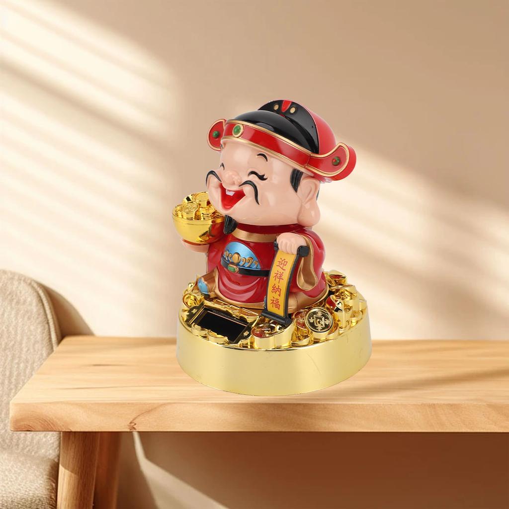 God of Wealth Figurine Solar Powered Automatic Nodding   Cai Shen Statue Decor for Home Car  