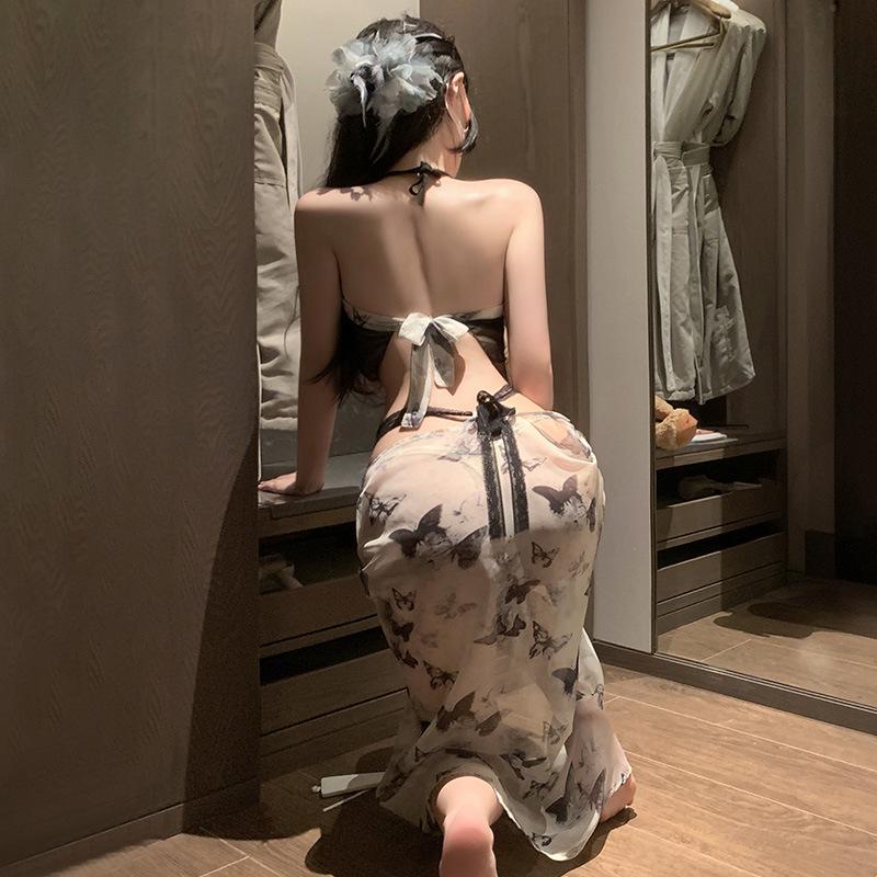 Feimu Chinese Ink Butterfly Print Nightdress & Lingerie Set - Sexy, Sheer, Alluring (Style 6712)