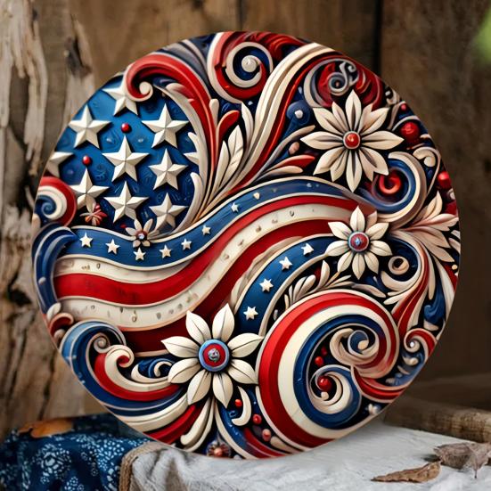 Patriotic Wall Hanging Decoration, Red White Blue Star Stripe Wooden Round Sign, 4th of July Front Door Wreath Alternative, Home Porch Decor