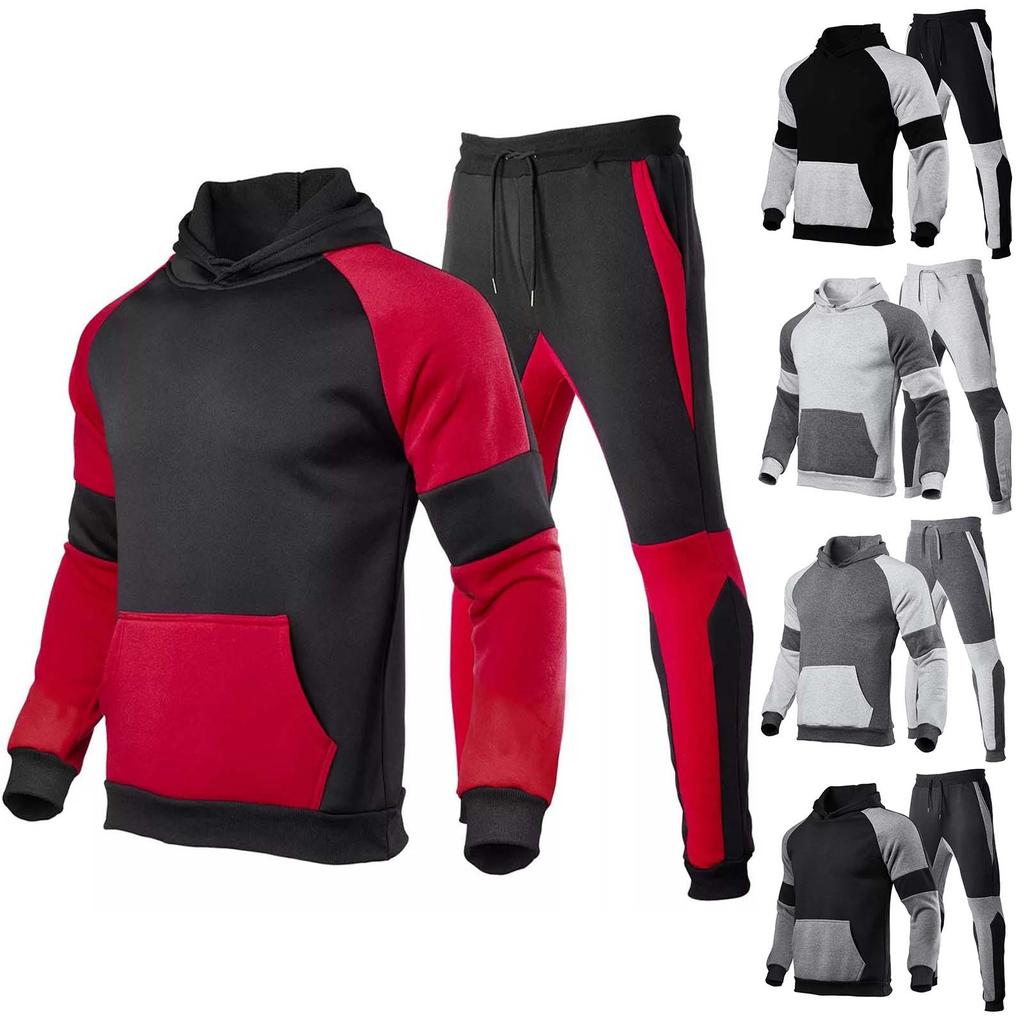 Winter Men's Fashion Sports Patchwork With A Fleece-Down Hoodie Suit