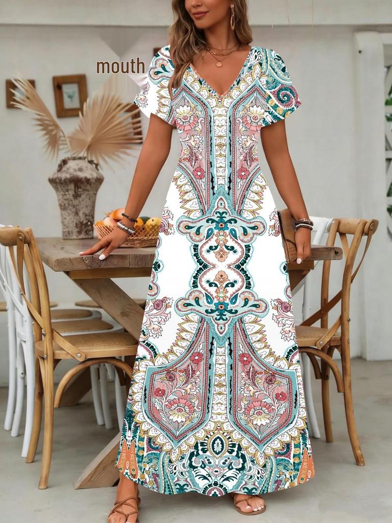 Böhmisches Langarm-A-Linien-Kleid mit V-Ausschnitt und kurzen Ärmeln