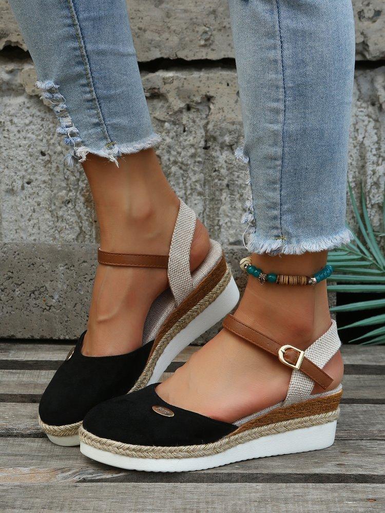 2025 summer new foreign trade large size bag head rear empty slope heel sandals women's hemp rope bottom buckle thick sole women's sandals