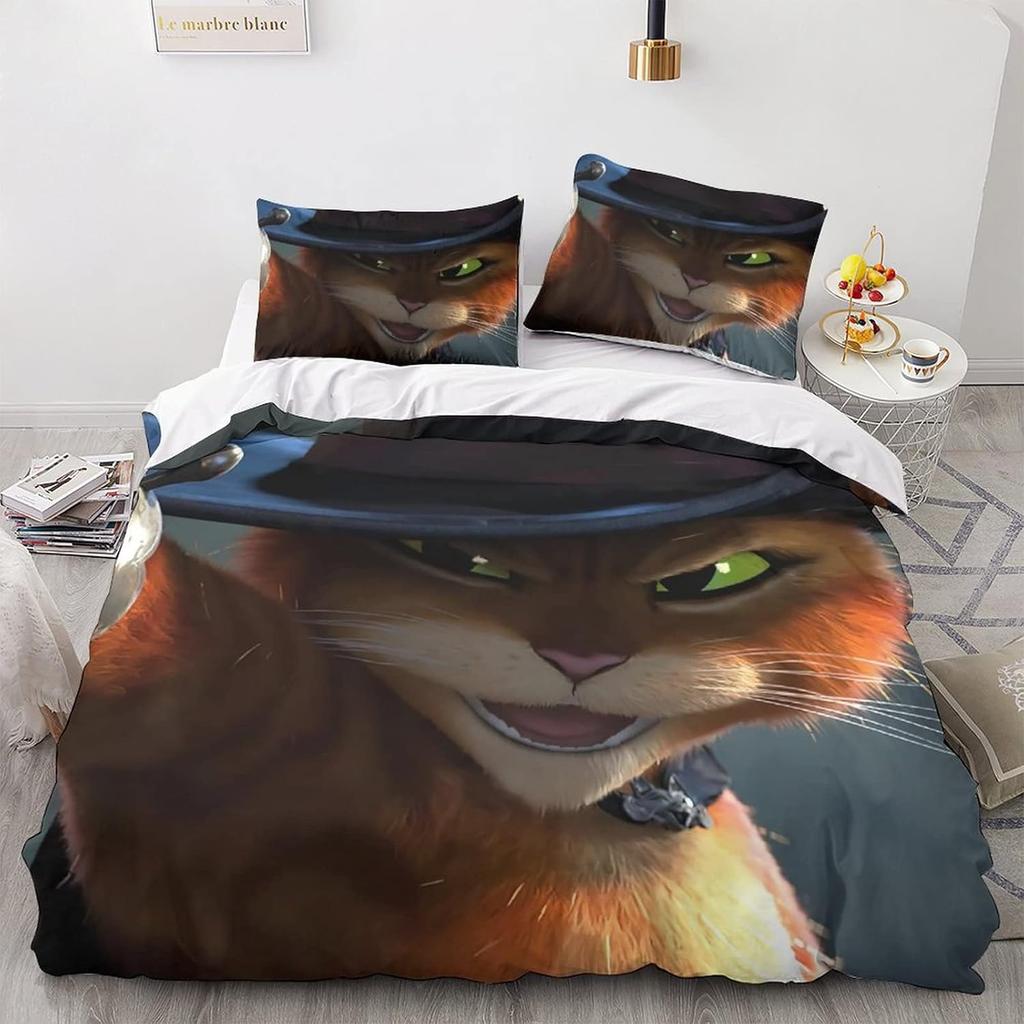 Cartoon Der gestiefelte Kater Bettwäscheset Bettbezug Kissenbezug Bettwäsche Set Erwachsene Jungen Mädchen Schlafzimmer Dekoration Einzel Doppelgröße