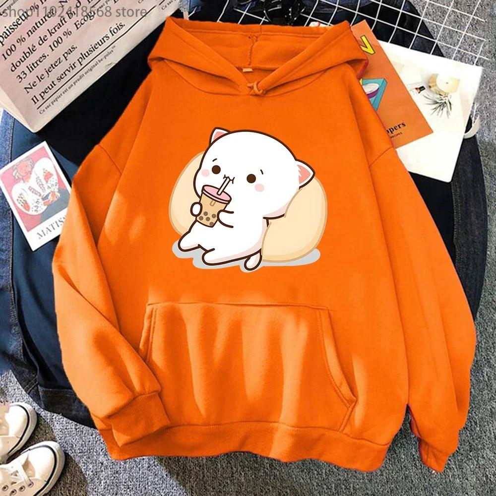 Mikiny Bubble Tea Broskvová Kočka Kawaii Potisk Mikina Ženy Harajuku Streetwear Kreslený Vzor O-Výstřih Top Oblečení