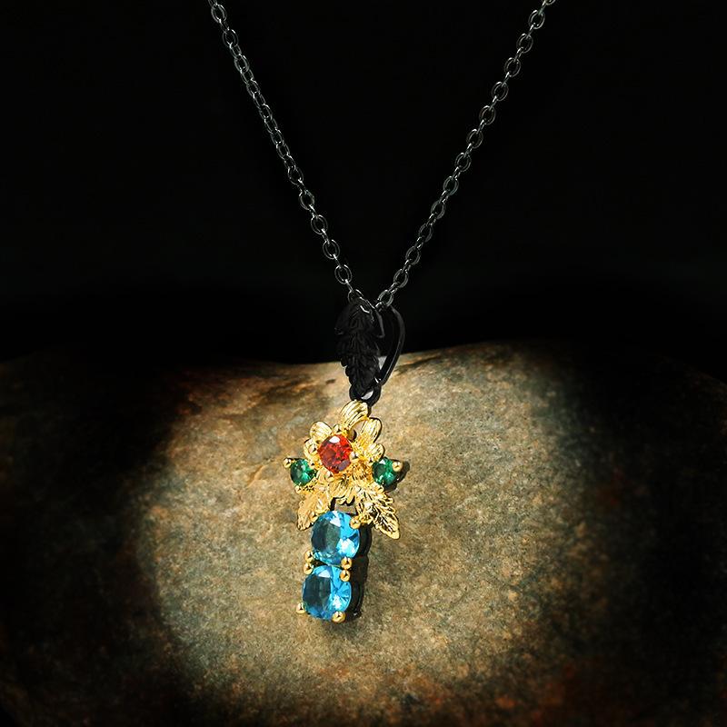 Schwarz Gold Schmuck Schlüsselbein Schmuck Pullover Kette Blau Zweifarbig Blume Halskette Vielseitig Silber Bronze