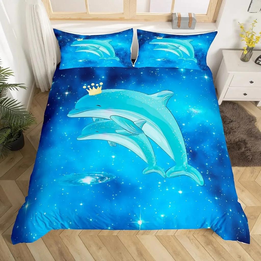 Blue Sea And Galaxy Duvet Cover Set Full,3D Whale Ocean Creatures Bedding Sets Space Starry Mysterious Nebula Comforter Cover