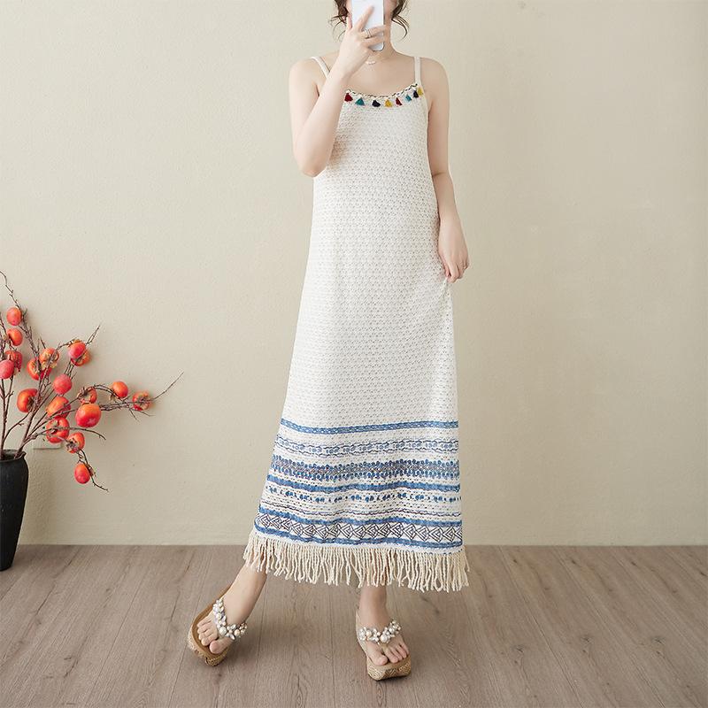 

Реальное фото Лето Новое Этнический стиль Свободное Вышивка Цветок Платье на бретелях Женское Средней длины one size fits all синий