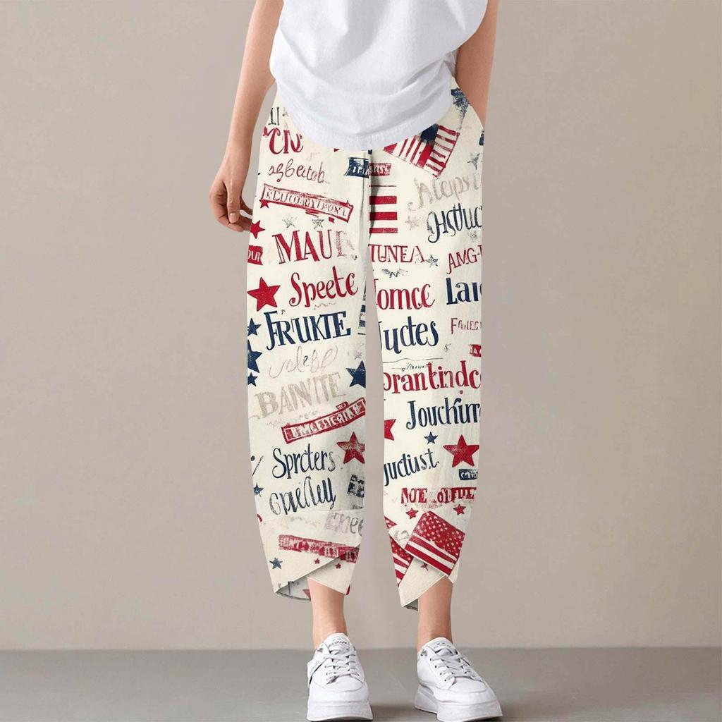 Bukser for kvinner sommer casual vide ben elastisk midje trykkbukser med lommer