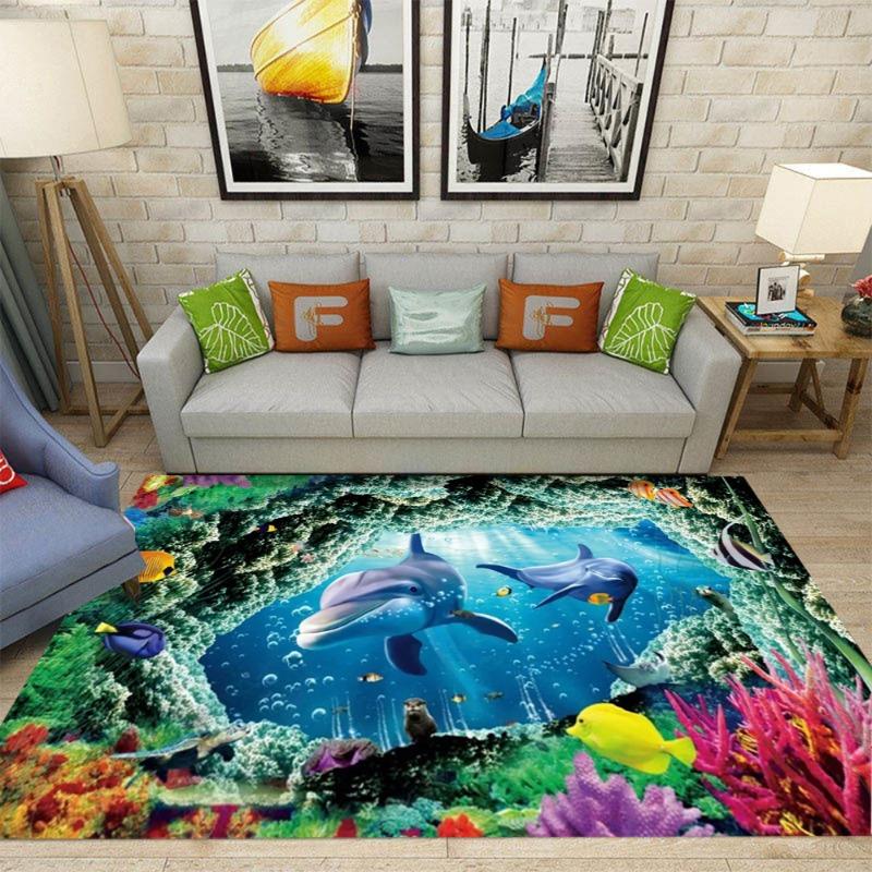 Large Sea Turtle Theme Area Rug Colorful Coral Reefs Tropical Fish Living Room Bedroom Marine Decor Carpet Home Decoration Mat