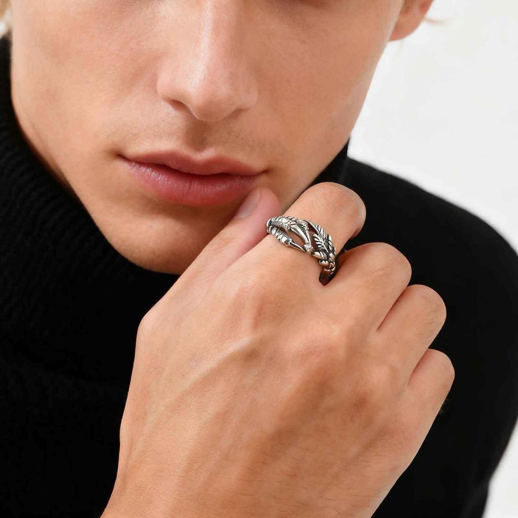 Vnox Vintage Eagle Claw Adjustable Ring for Men, Punk Style Sliver Color Opening Ring, Cool Hip Hop Party Gift, 12mm Wide